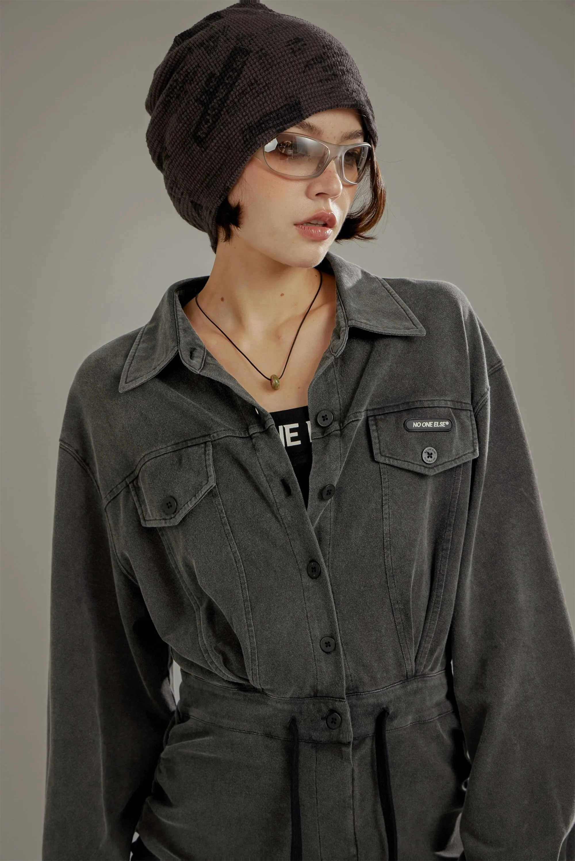 String Shirring Shirt Mini Dress