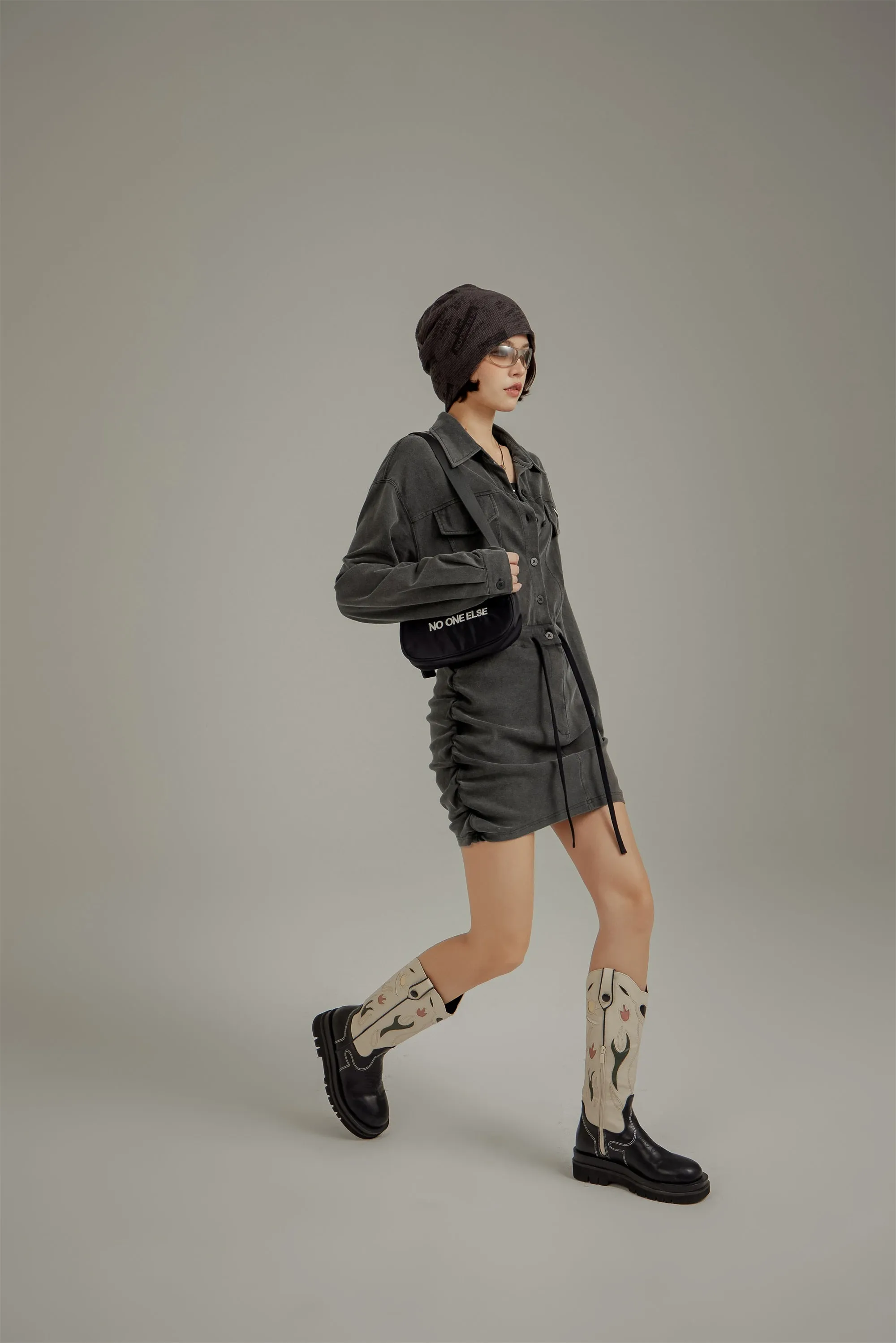 String Shirring Shirt Mini Dress