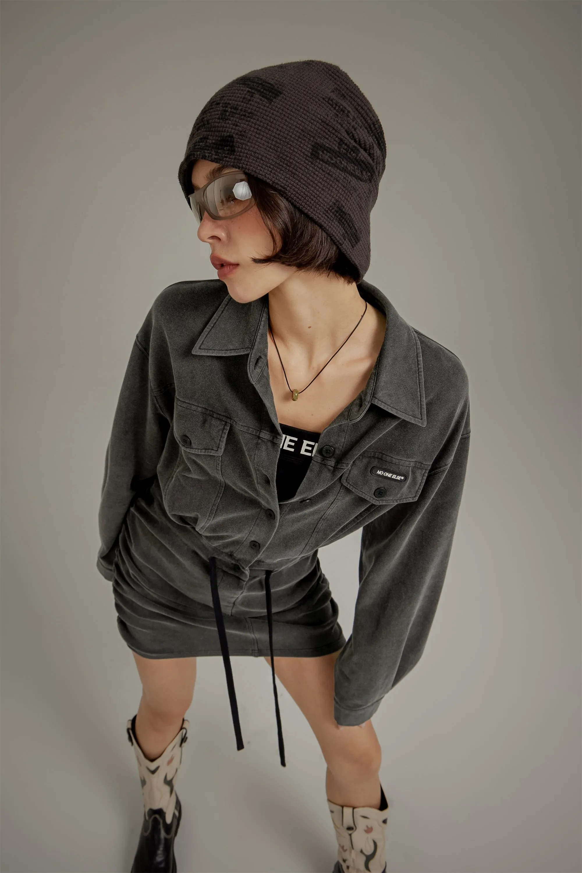 String Shirring Shirt Mini Dress