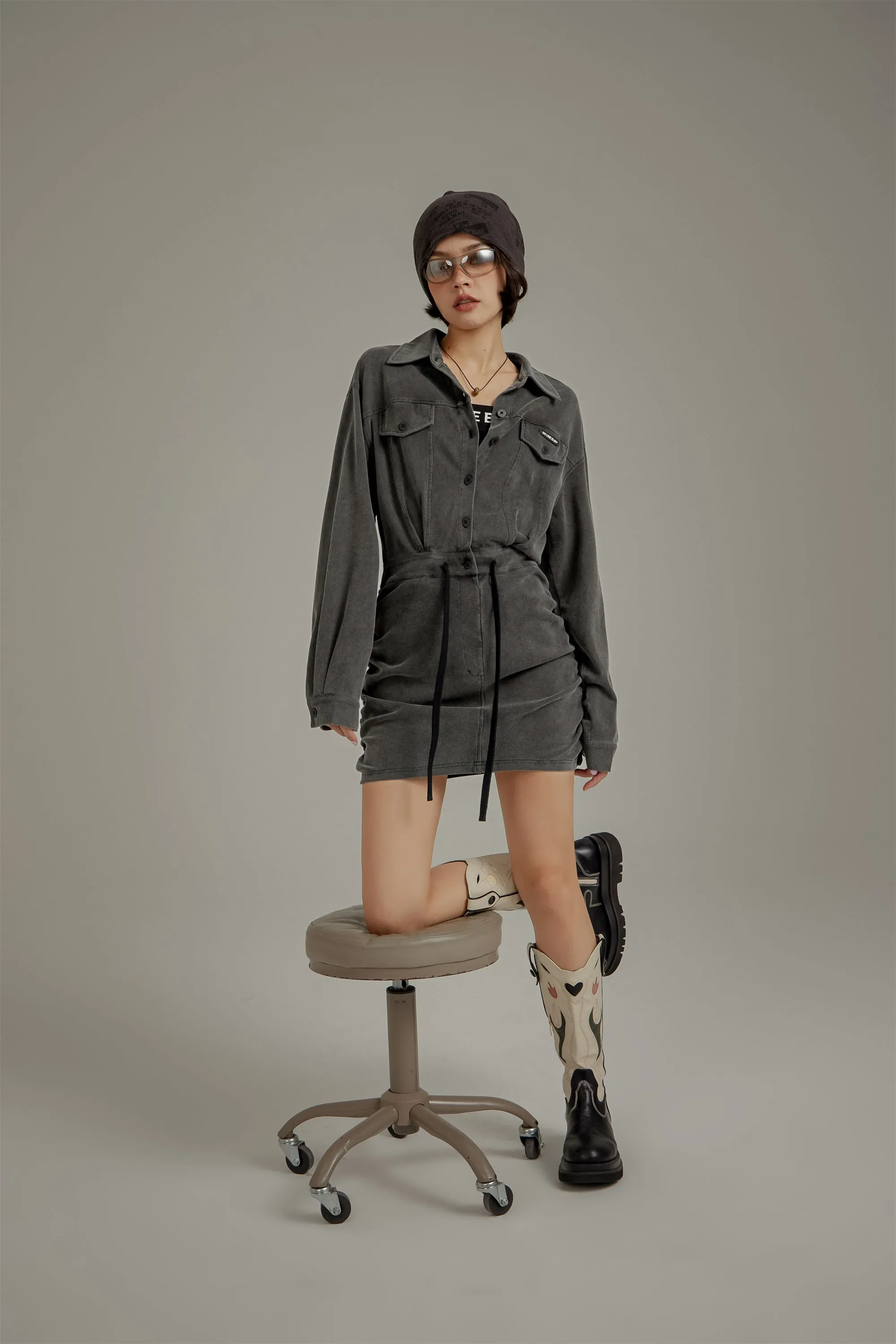 String Shirring Shirt Mini Dress