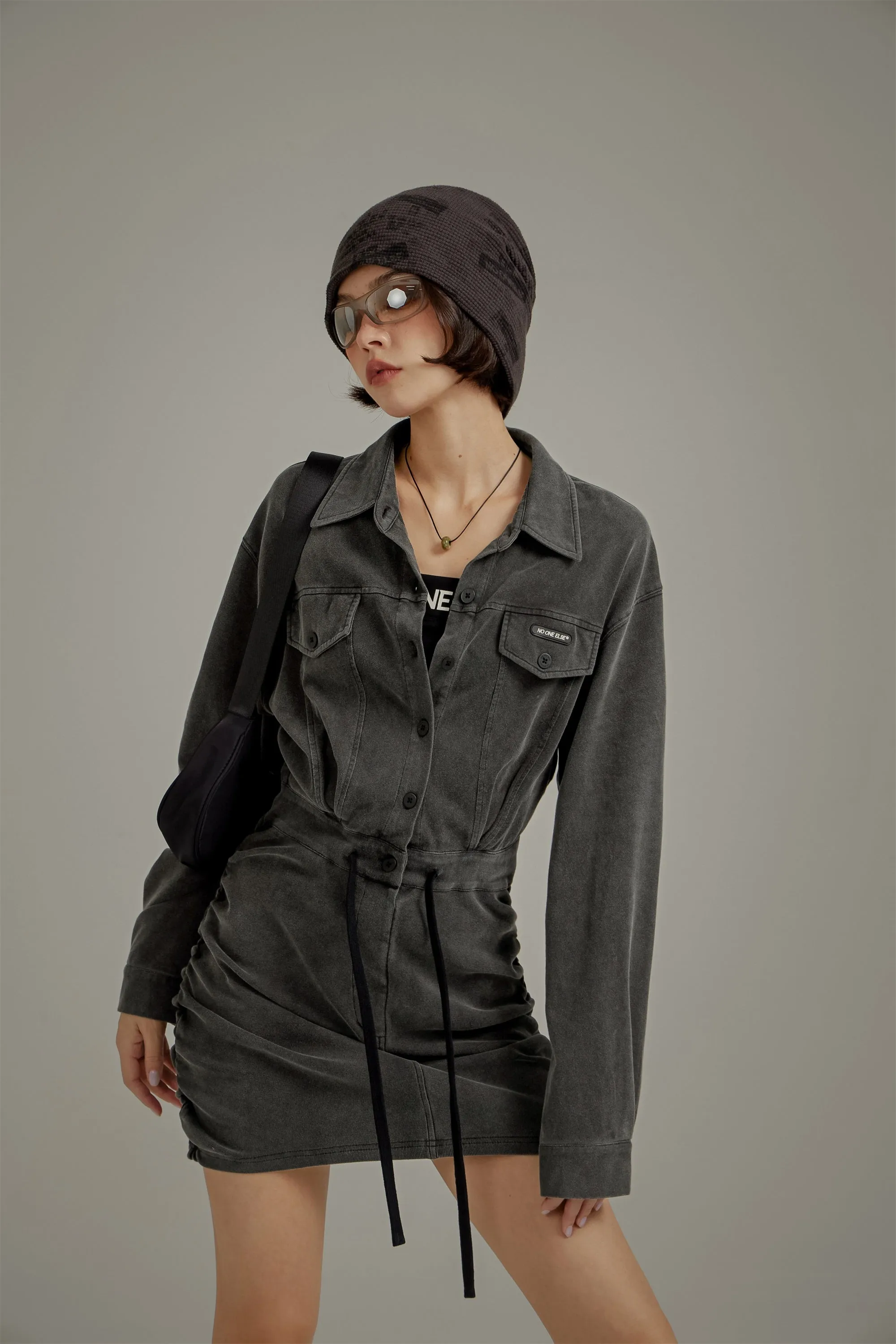 String Shirring Shirt Mini Dress