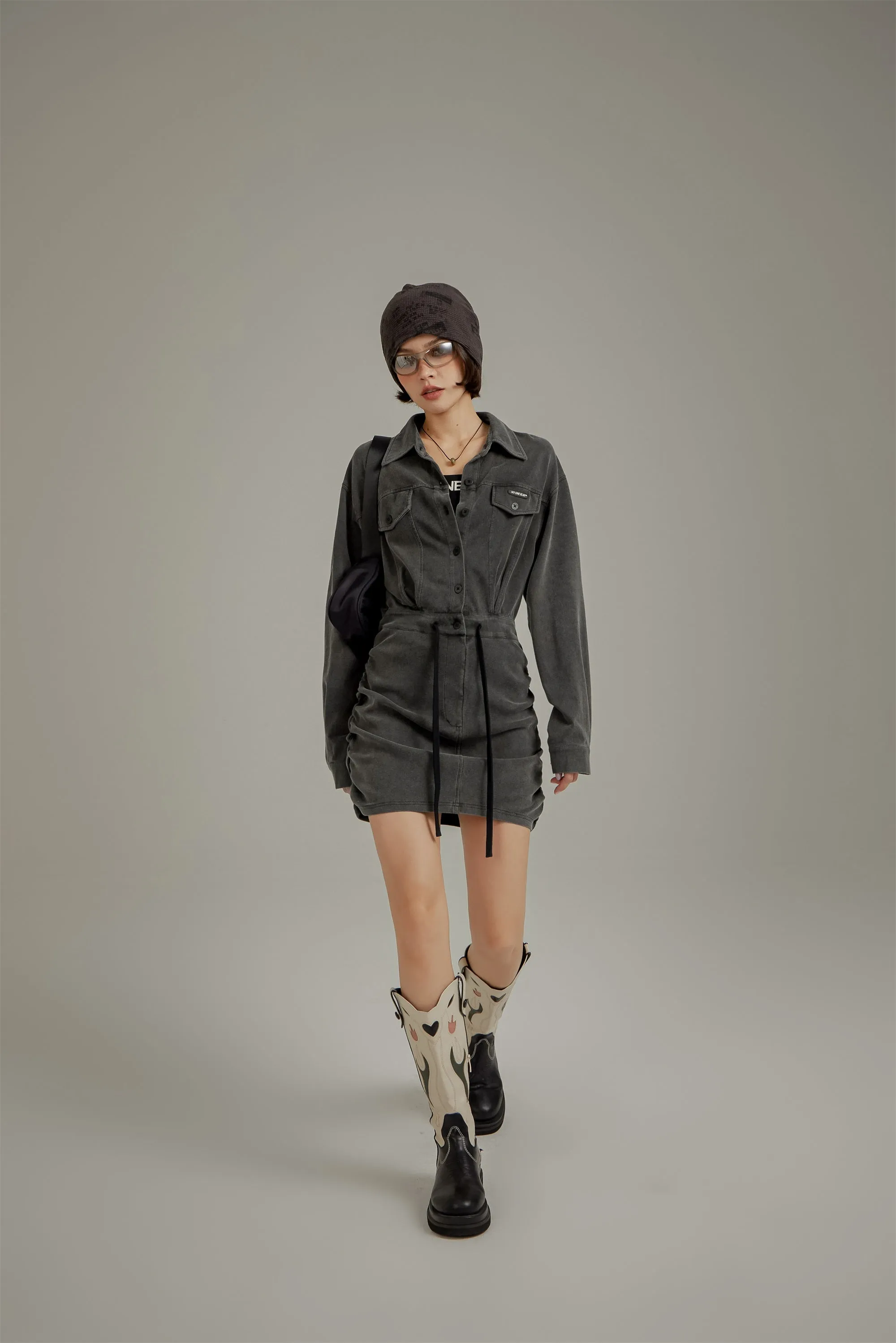 String Shirring Shirt Mini Dress