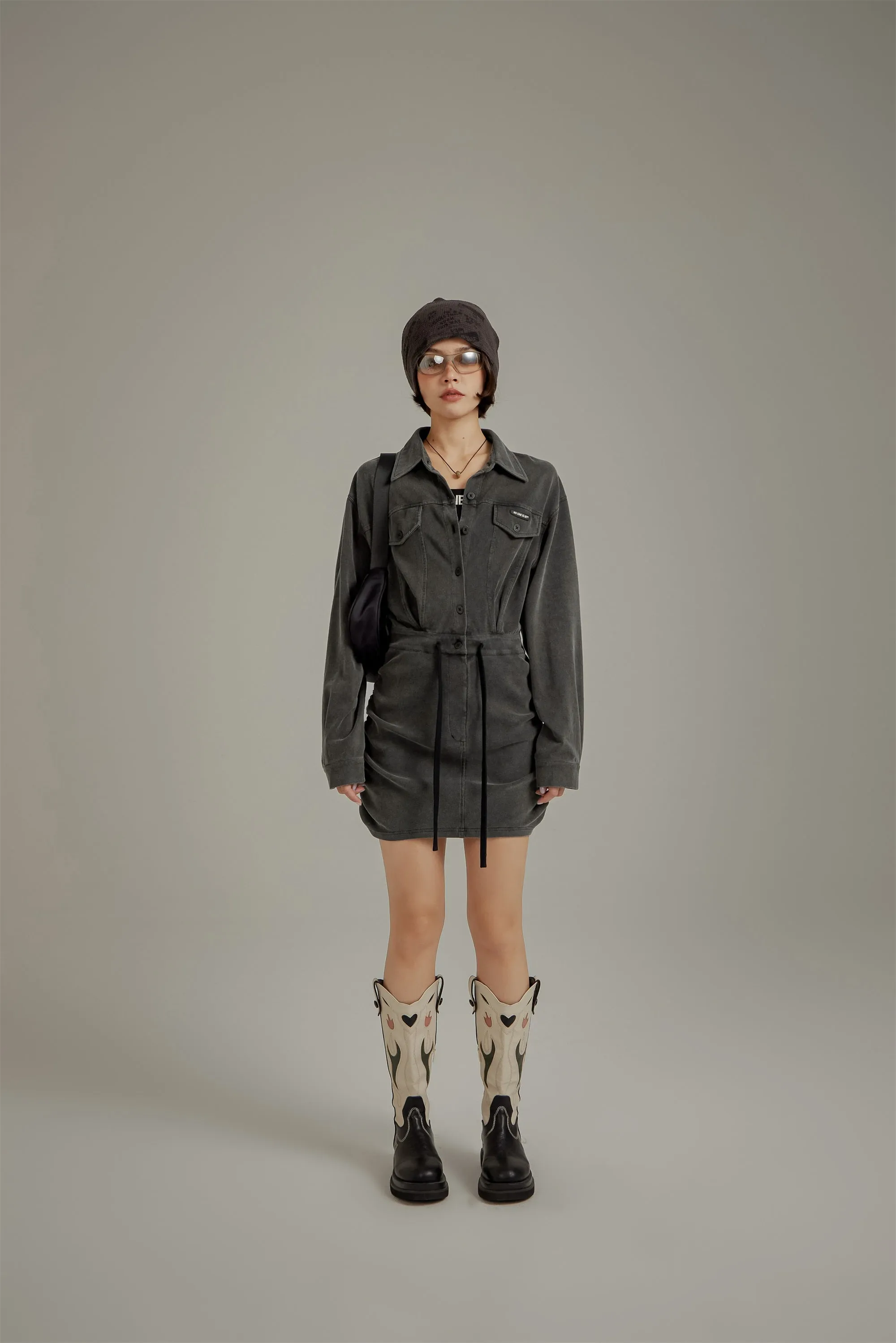 String Shirring Shirt Mini Dress