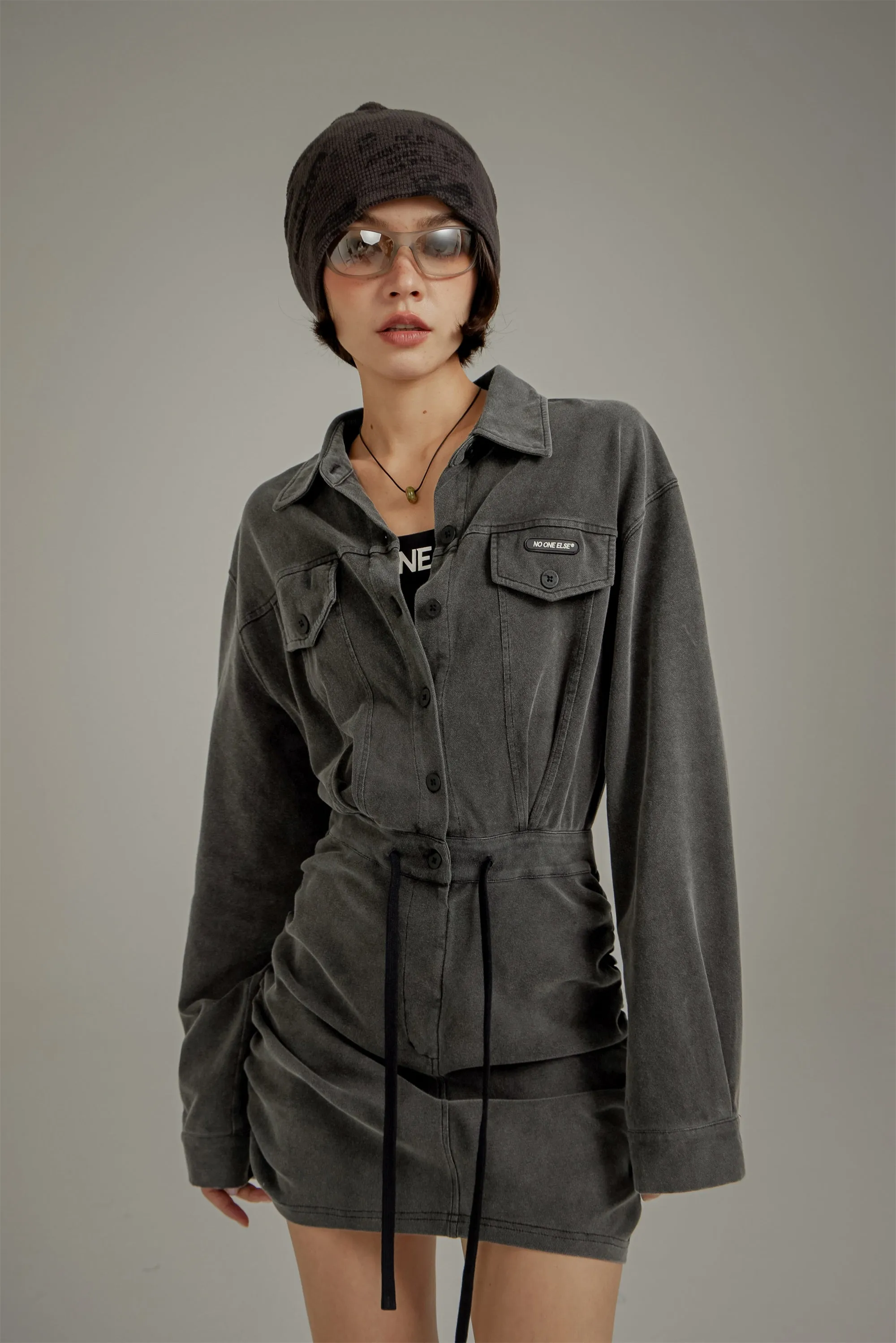 String Shirring Shirt Mini Dress