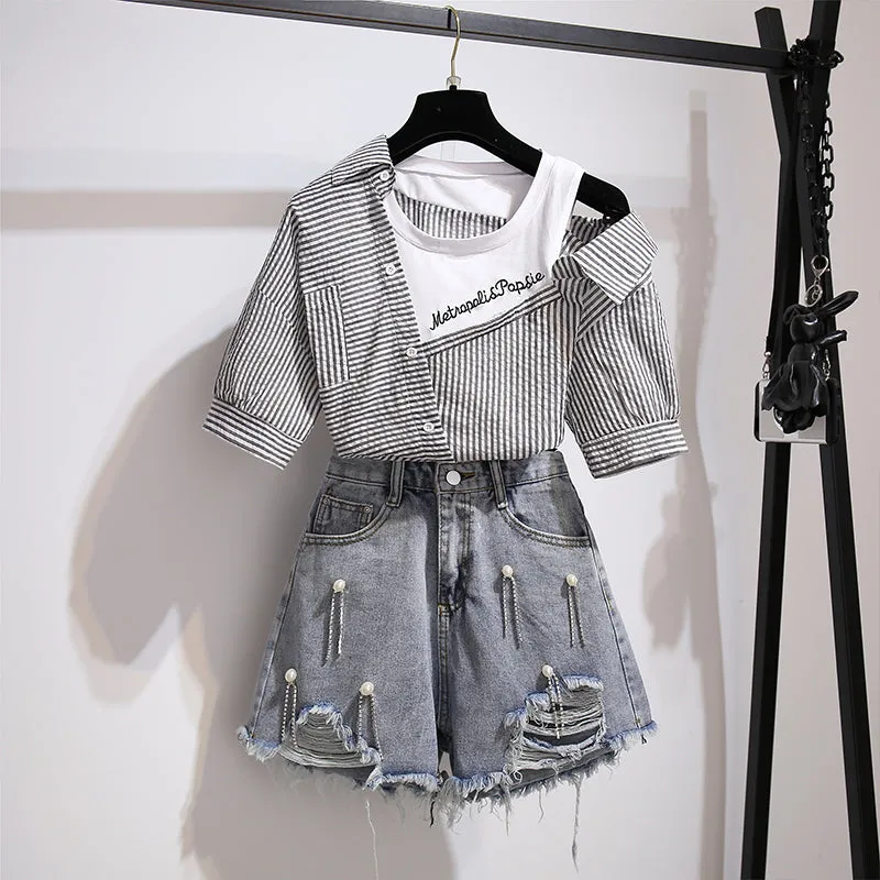 Striped Off Shoulder Shirt   Shorts Suit AD11599