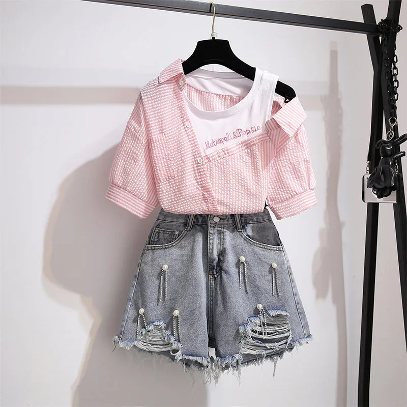 Striped Off Shoulder Shirt   Shorts Suit AD11599