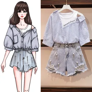 Striped Off Shoulder Shirt   Shorts Suit AD11599