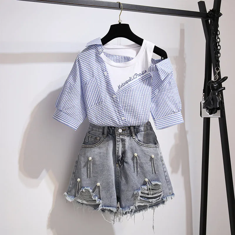 Striped Off Shoulder Shirt   Shorts Suit AD11599