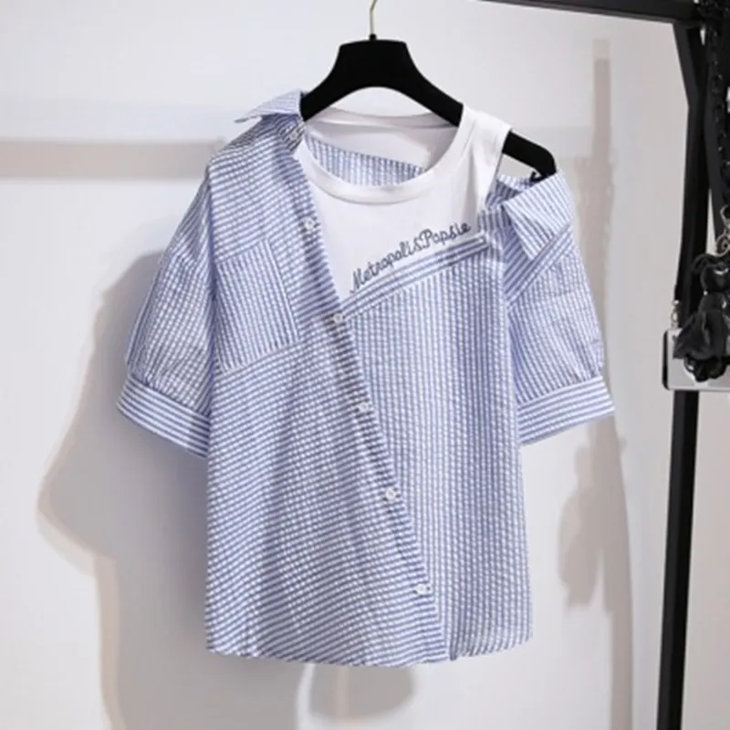 Striped Off Shoulder Shirt   Shorts Suit AD11599