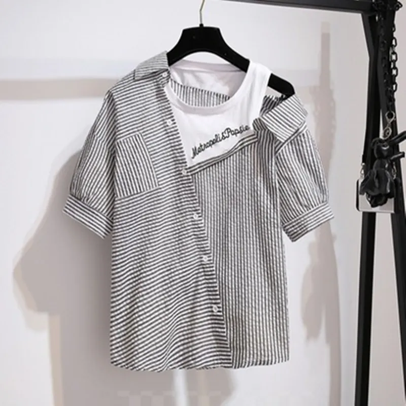 Striped Off Shoulder Shirt   Shorts Suit AD11599