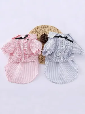 Striped Summer Pet Dress with Ruffles and Bowknot