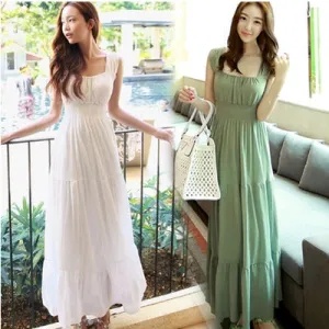 Summer Slim Look White Long Chiffon Dress Tank Top Bare Back Fairy-Look Beach Chiffon Dress