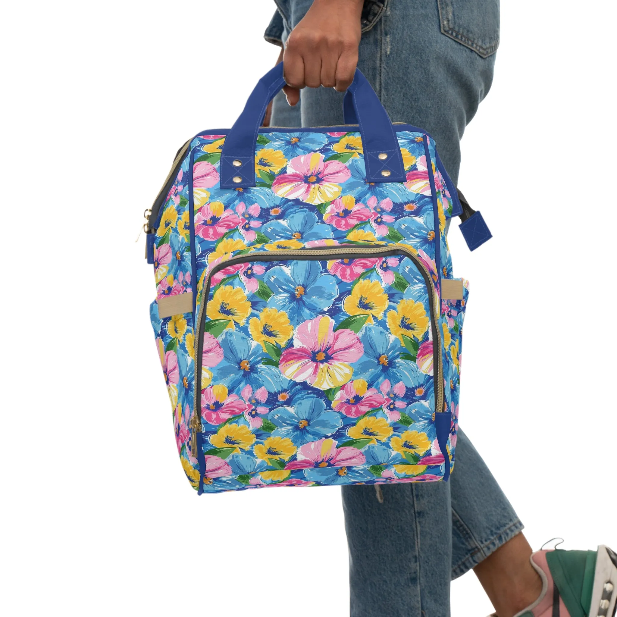 Sunny Serenade: Large Blooms of Yellow, Blue, and Gold in Watercolor Multifunctional Diaper Backpack