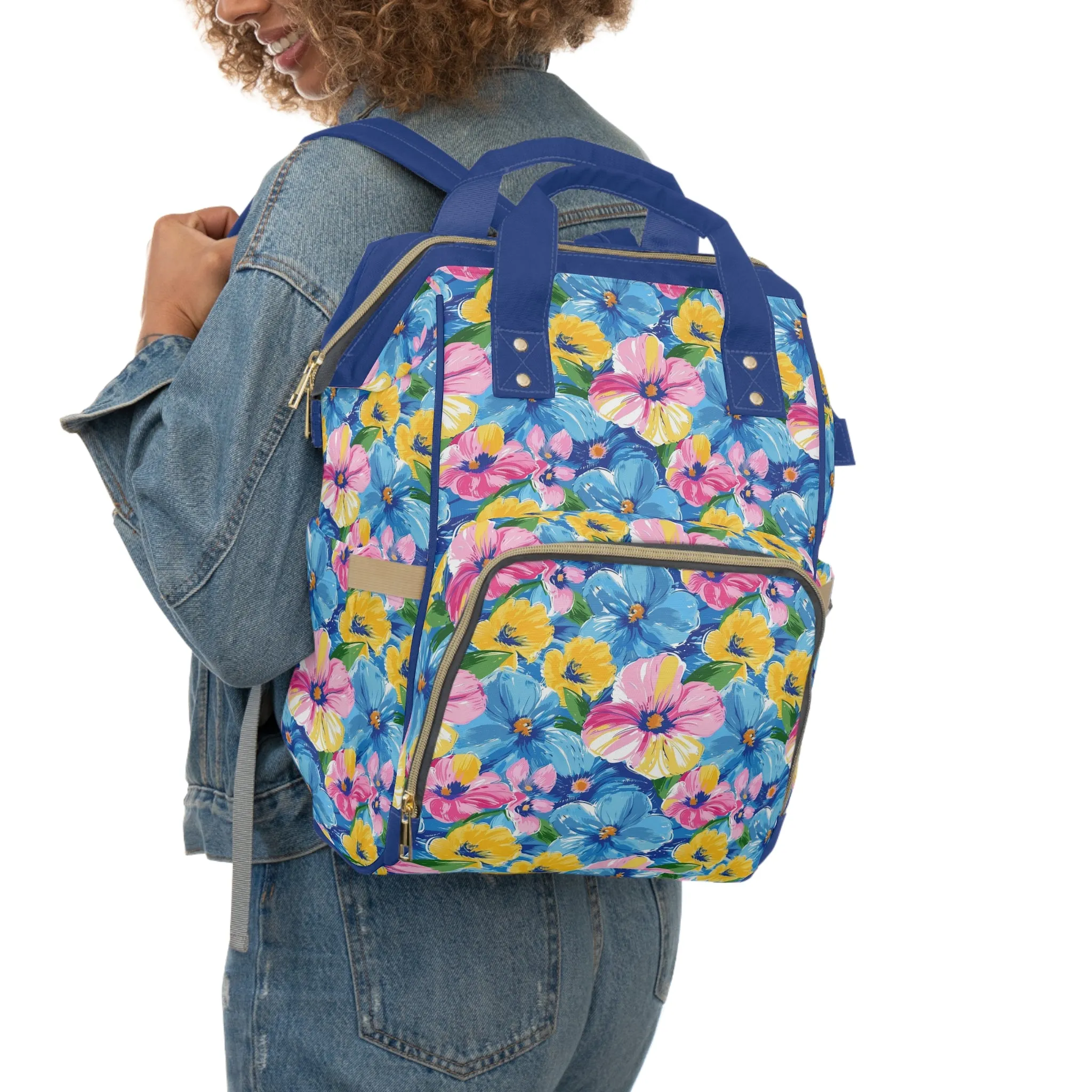 Sunny Serenade: Large Blooms of Yellow, Blue, and Gold in Watercolor Multifunctional Diaper Backpack