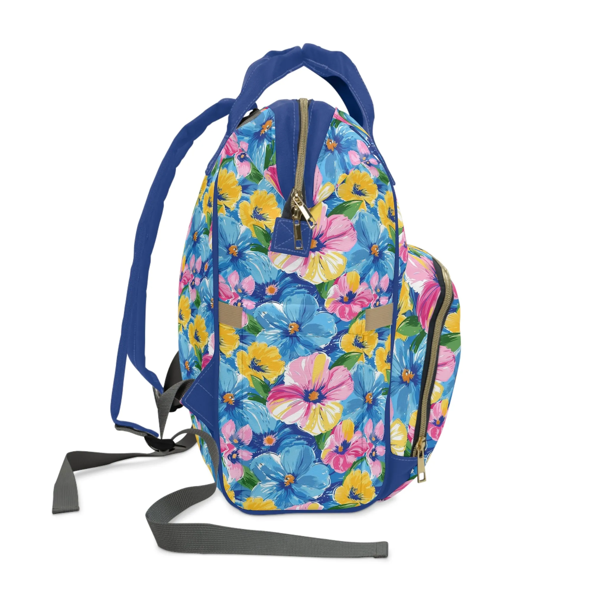 Sunny Serenade: Large Blooms of Yellow, Blue, and Gold in Watercolor Multifunctional Diaper Backpack