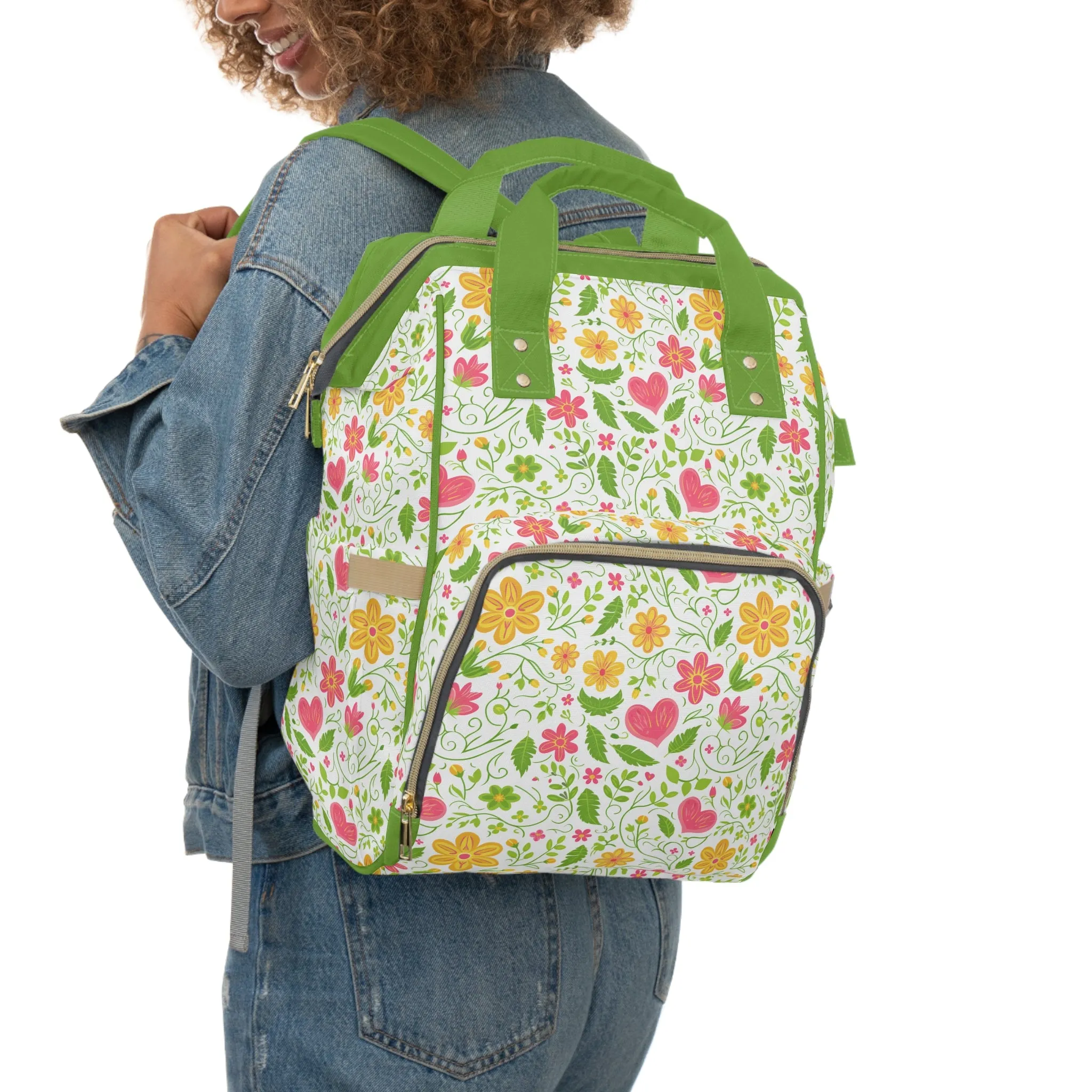 Sunshine Love: Spring Flowers and Hearts in Yellows and Pinks Multifunctional Diaper Backpack