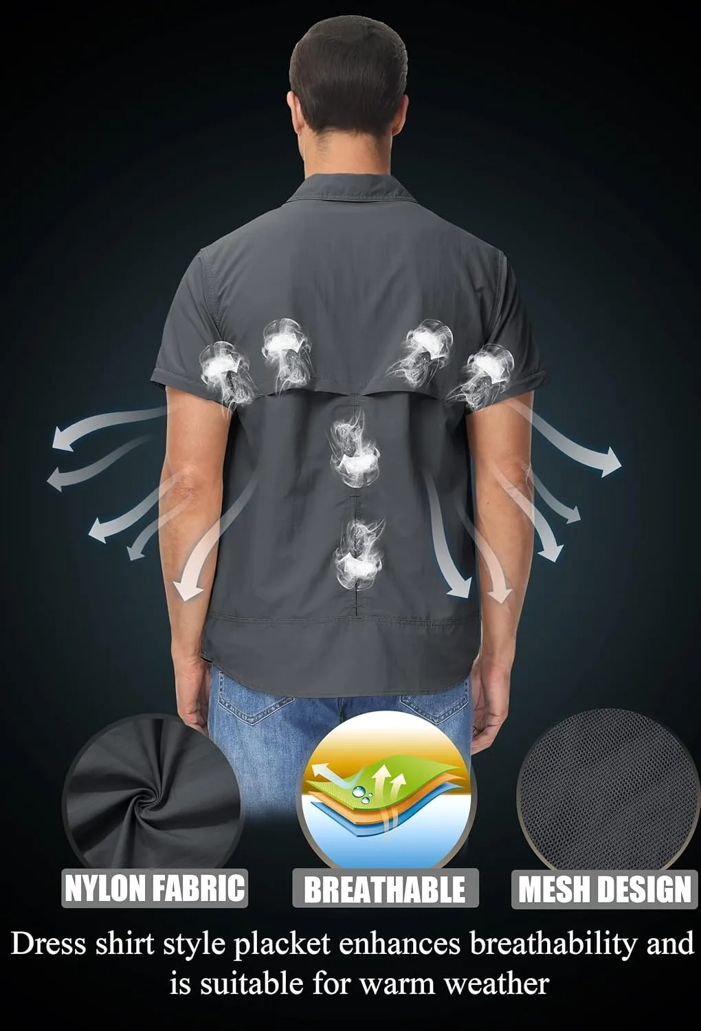 TACVASEN Men's Breathable Quick Dry Solid Convertible Long Sleeve Shirt Fishing Hiking Safari