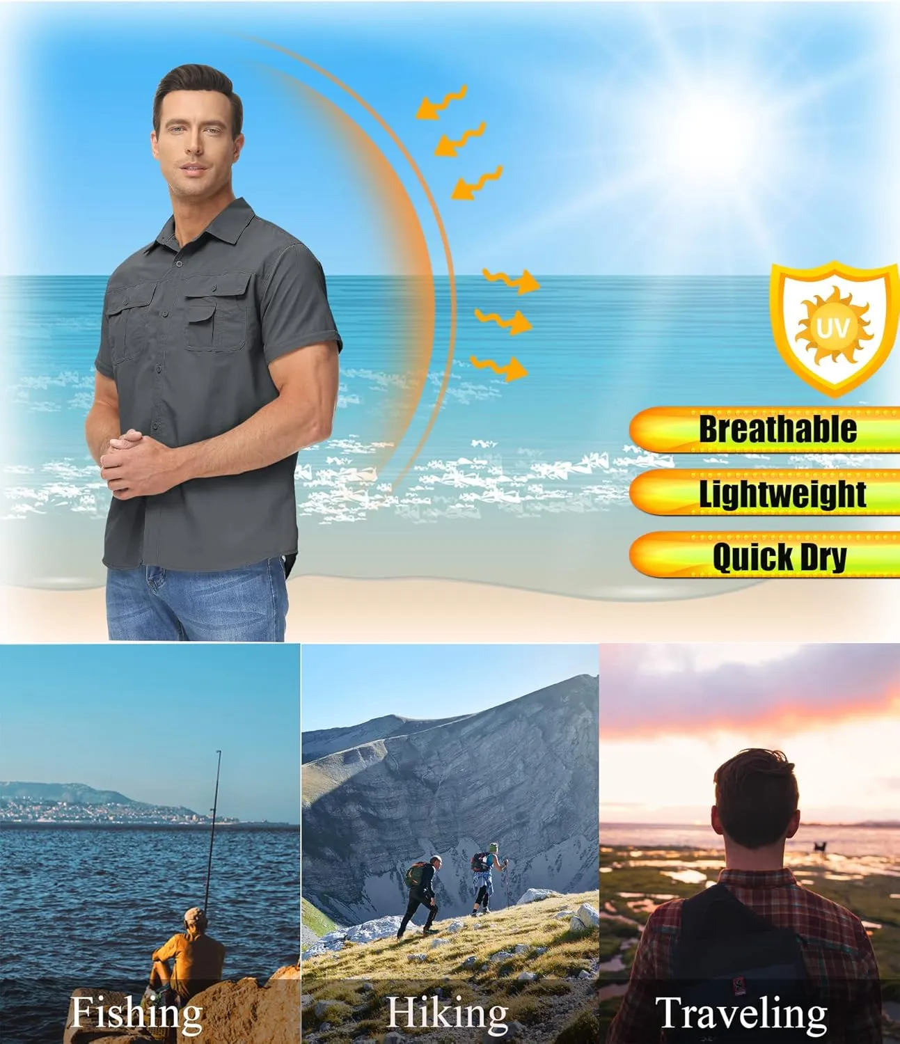 TACVASEN Men's Breathable Quick Dry Solid Convertible Long Sleeve Shirt Fishing Hiking Safari