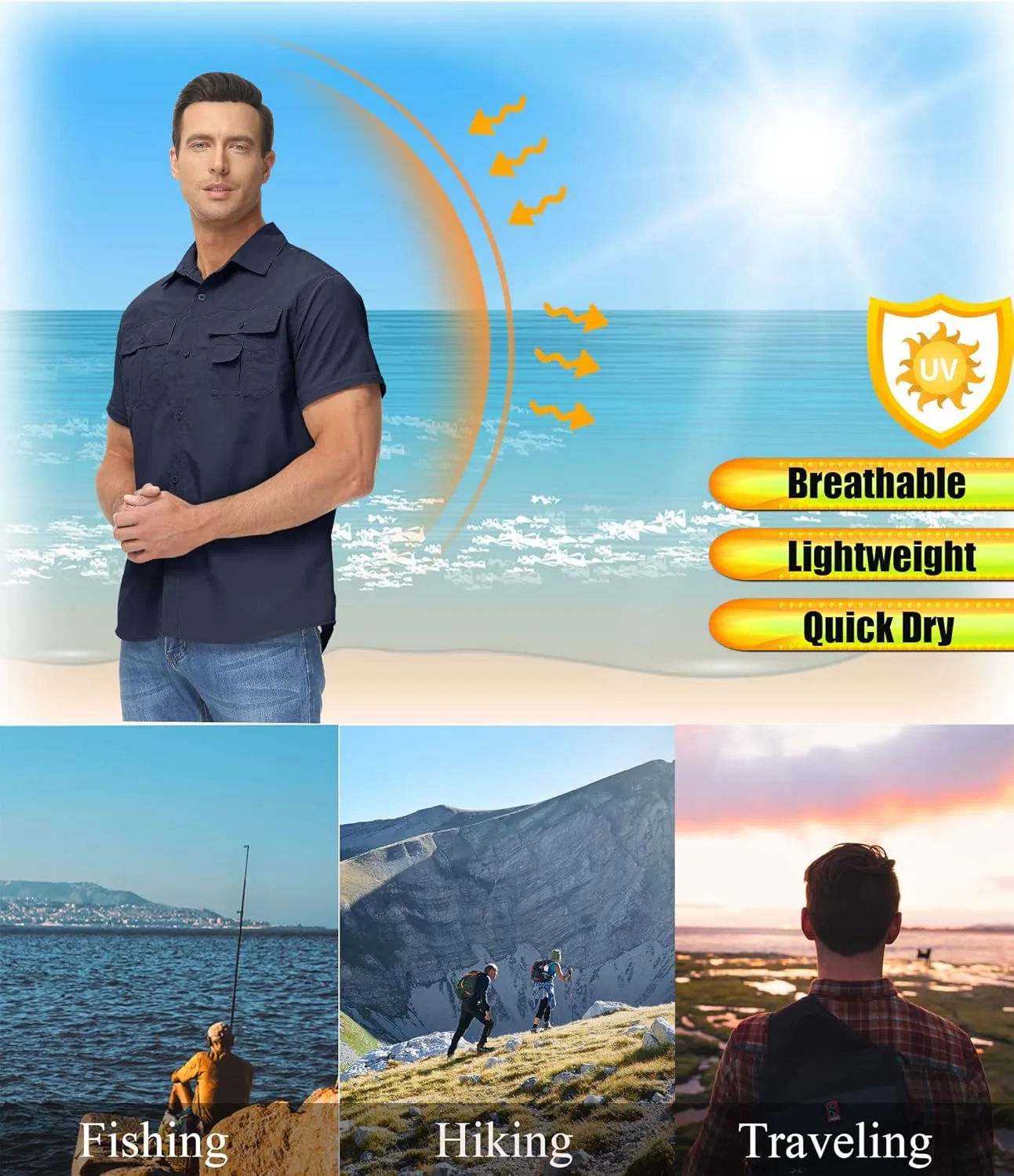 TACVASEN Men's Breathable Quick Dry Solid Convertible Long Sleeve Shirt Fishing Hiking Safari