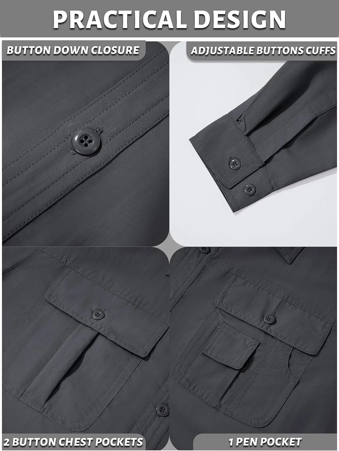 TACVASEN Men's Breathable Quick Dry Solid Convertible Long Sleeve Shirt Fishing Hiking Safari