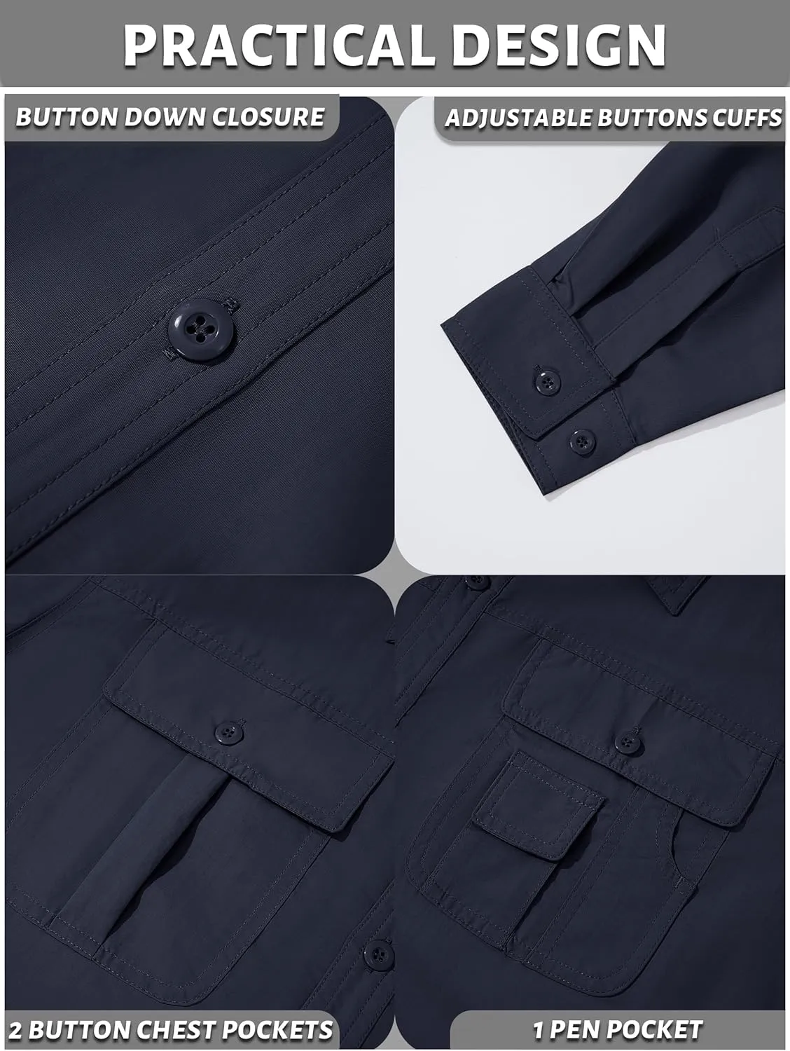 TACVASEN Men's Breathable Quick Dry Solid Convertible Long Sleeve Shirt Fishing Hiking Safari