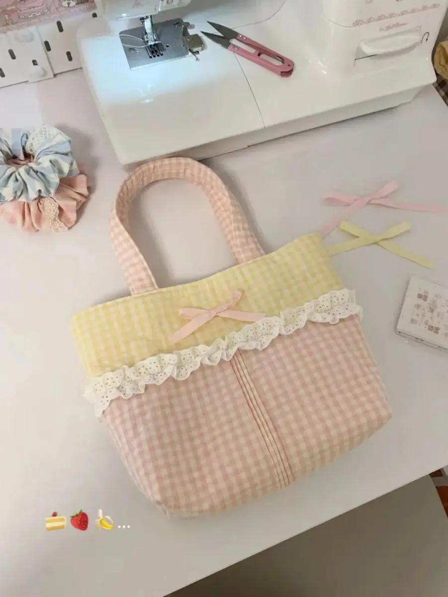 TAVIMART  -  2024 Spring New Small Yellow Grid Colored Lace Sweet Cute Handbag Causal Korean Chic Shoulder Underarm Tote Bags