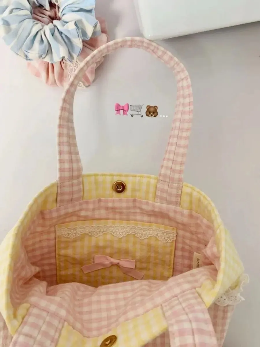 TAVIMART  -  2024 Spring New Small Yellow Grid Colored Lace Sweet Cute Handbag Causal Korean Chic Shoulder Underarm Tote Bags