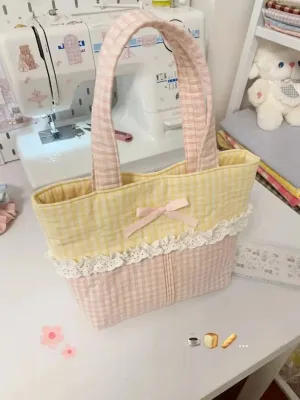 TAVIMART  -  2024 Spring New Small Yellow Grid Colored Lace Sweet Cute Handbag Causal Korean Chic Shoulder Underarm Tote Bags