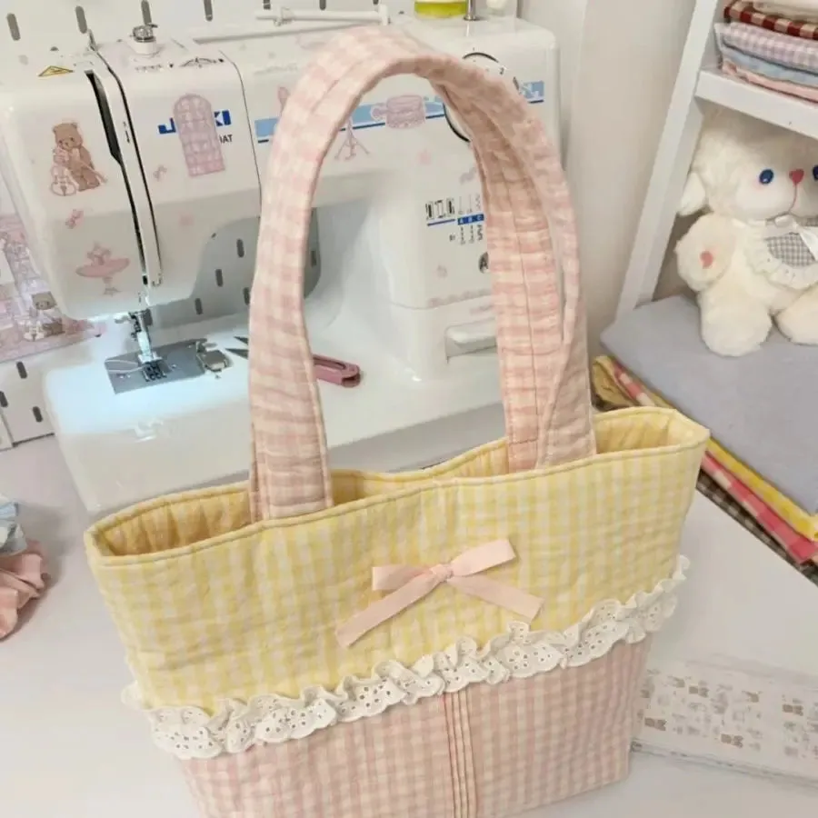 TAVIMART  -  2024 Spring New Small Yellow Grid Colored Lace Sweet Cute Handbag Causal Korean Chic Shoulder Underarm Tote Bags