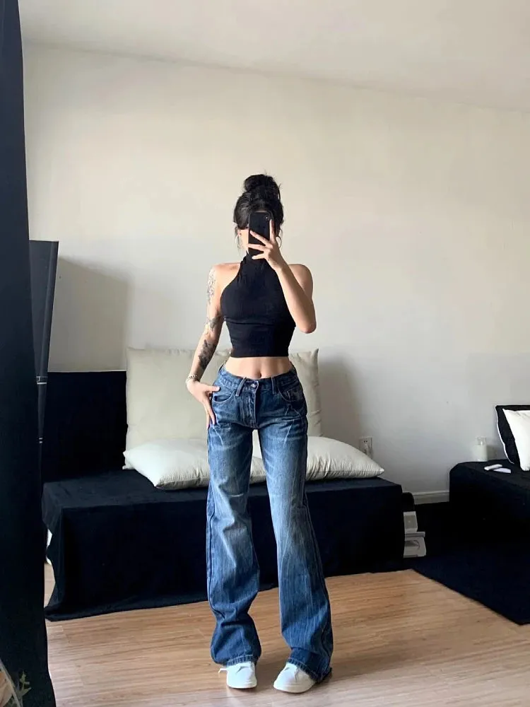 TAVIMART  -  Women Korean Fashion Vintage Classical Chic Jeans Straight Leg Simple Jeans Grunge Harajuku Blue Denim Pants Y2k Tide Aesthetic