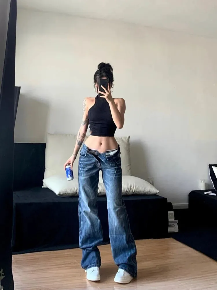 TAVIMART  -  Women Korean Fashion Vintage Classical Chic Jeans Straight Leg Simple Jeans Grunge Harajuku Blue Denim Pants Y2k Tide Aesthetic