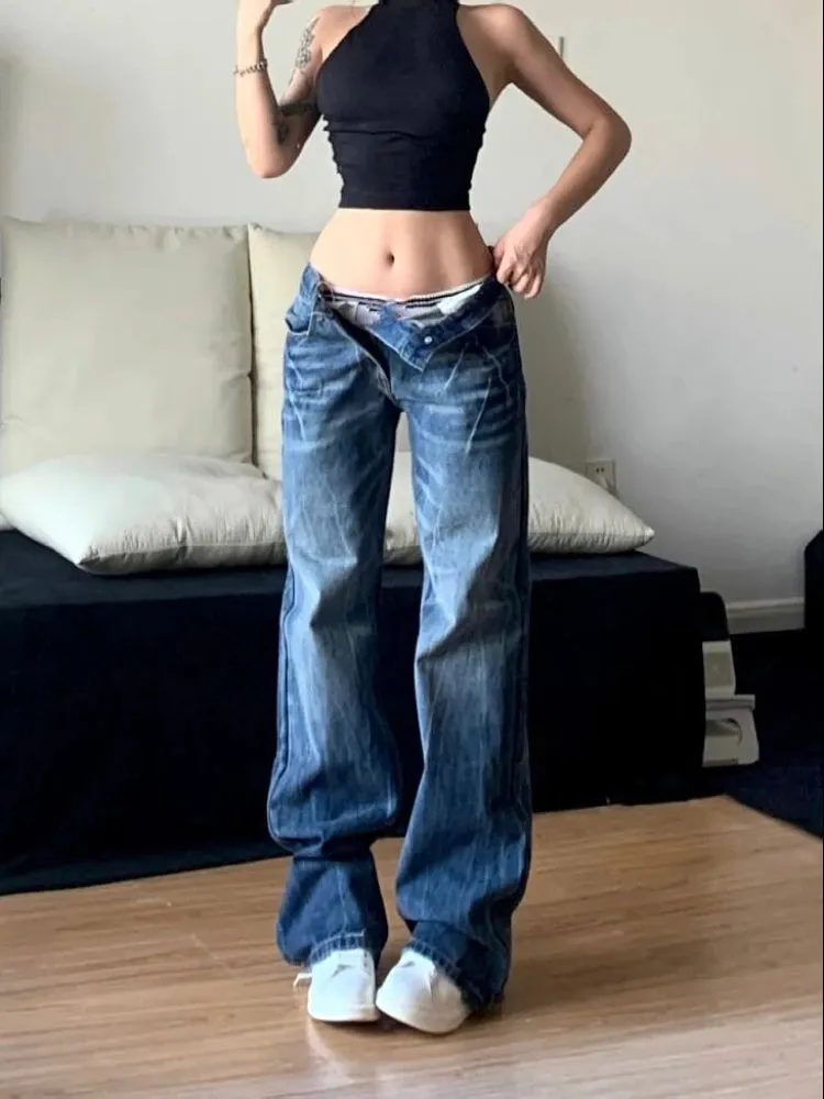 TAVIMART  -  Women Korean Fashion Vintage Classical Chic Jeans Straight Leg Simple Jeans Grunge Harajuku Blue Denim Pants Y2k Tide Aesthetic