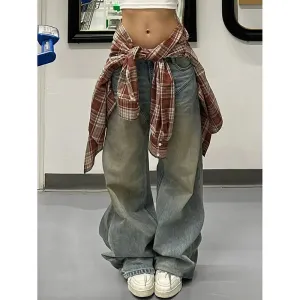 TAVIMART  -  Women's Vintage Solid Color High Waist Straight Jeans High Street Style Baggy Pants Korean Fashion Wide Leg Y2K Denim Trouser