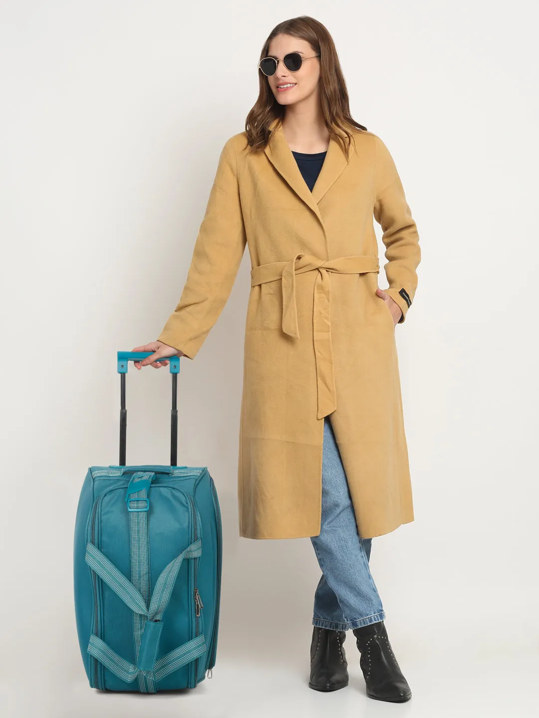 Teal Printed Small Duffel Trolley Bag
