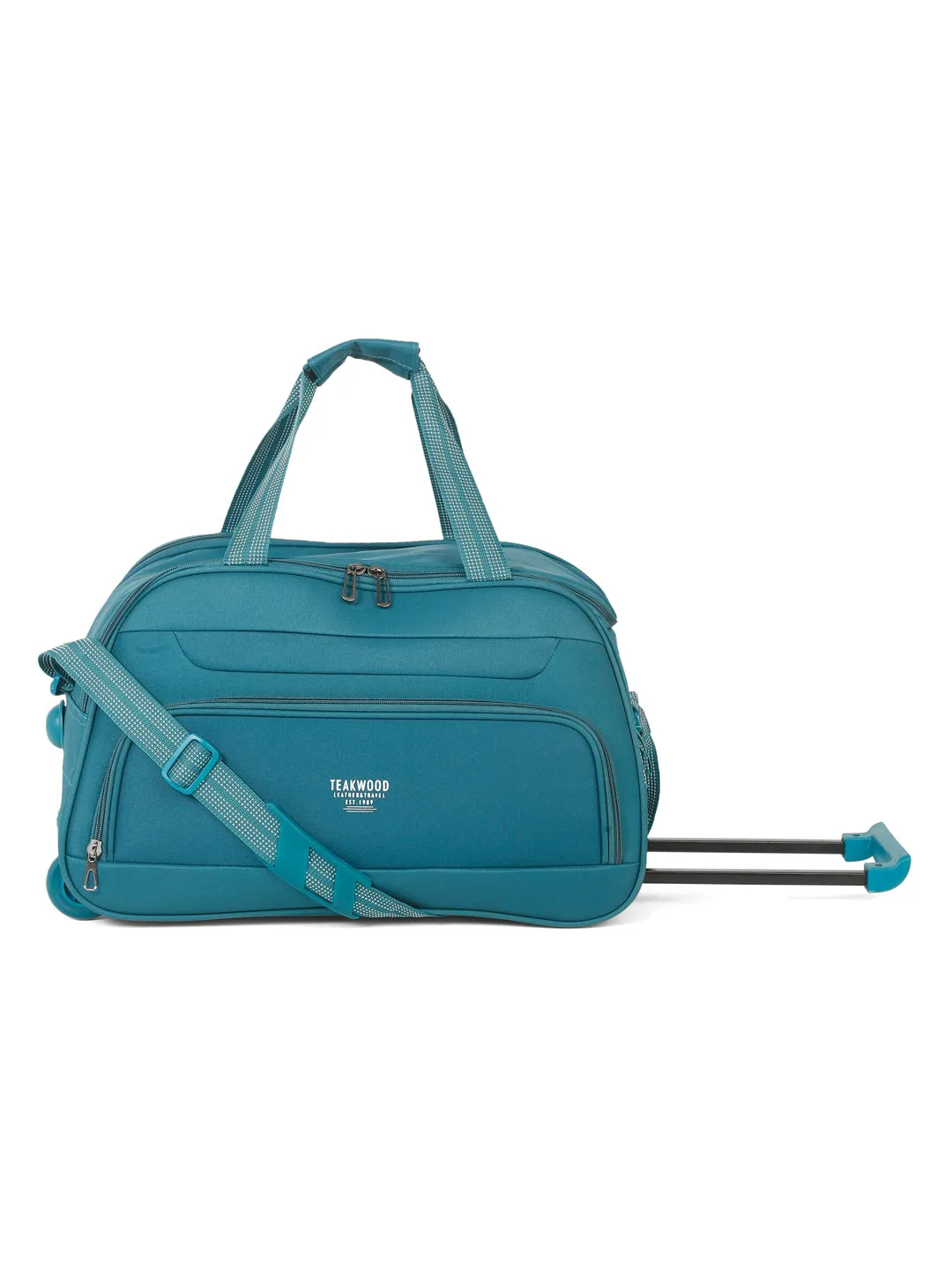 Teal Printed Small Duffel Trolley Bag