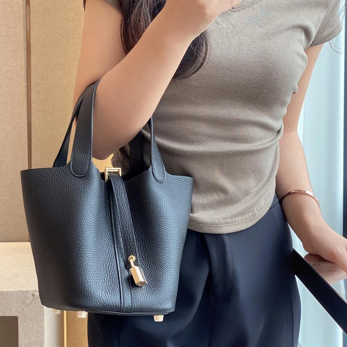 Top Grain Leather Inspired Picotin Lock Bag | Silver/Gold-tone Hardware