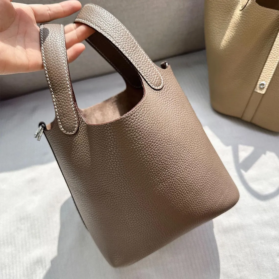 Top Grain Leather Inspired Picotin Lock Bag | Silver/Gold-tone Hardware