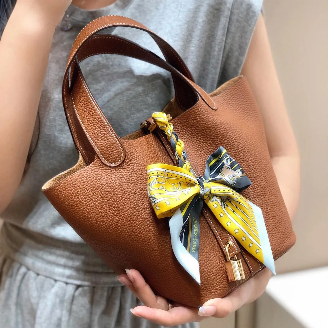 Top Grain Leather Inspired Picotin Lock Bag | Silver/Gold-tone Hardware