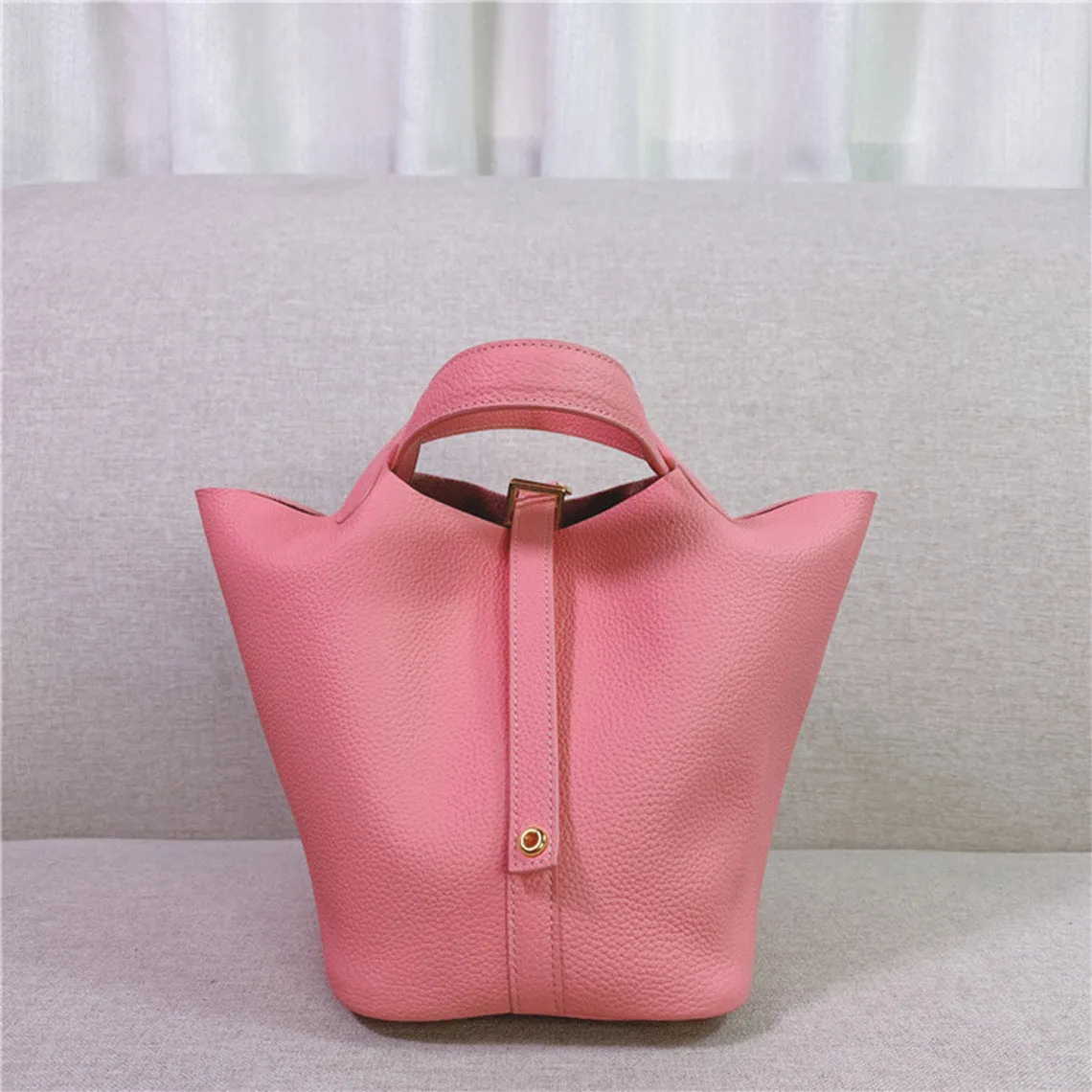 Top Grain Leather Inspired Picotin Lock Bag | Silver/Gold-tone Hardware