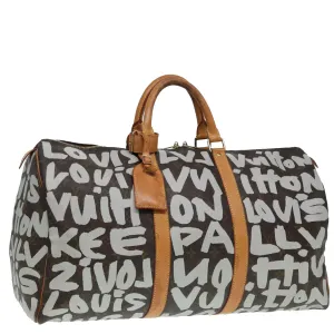 Trendy Inspired Louis Vuitton Monogram Graffiti Keepall 50 Boston Bag White M92197 Lv Auth 83988