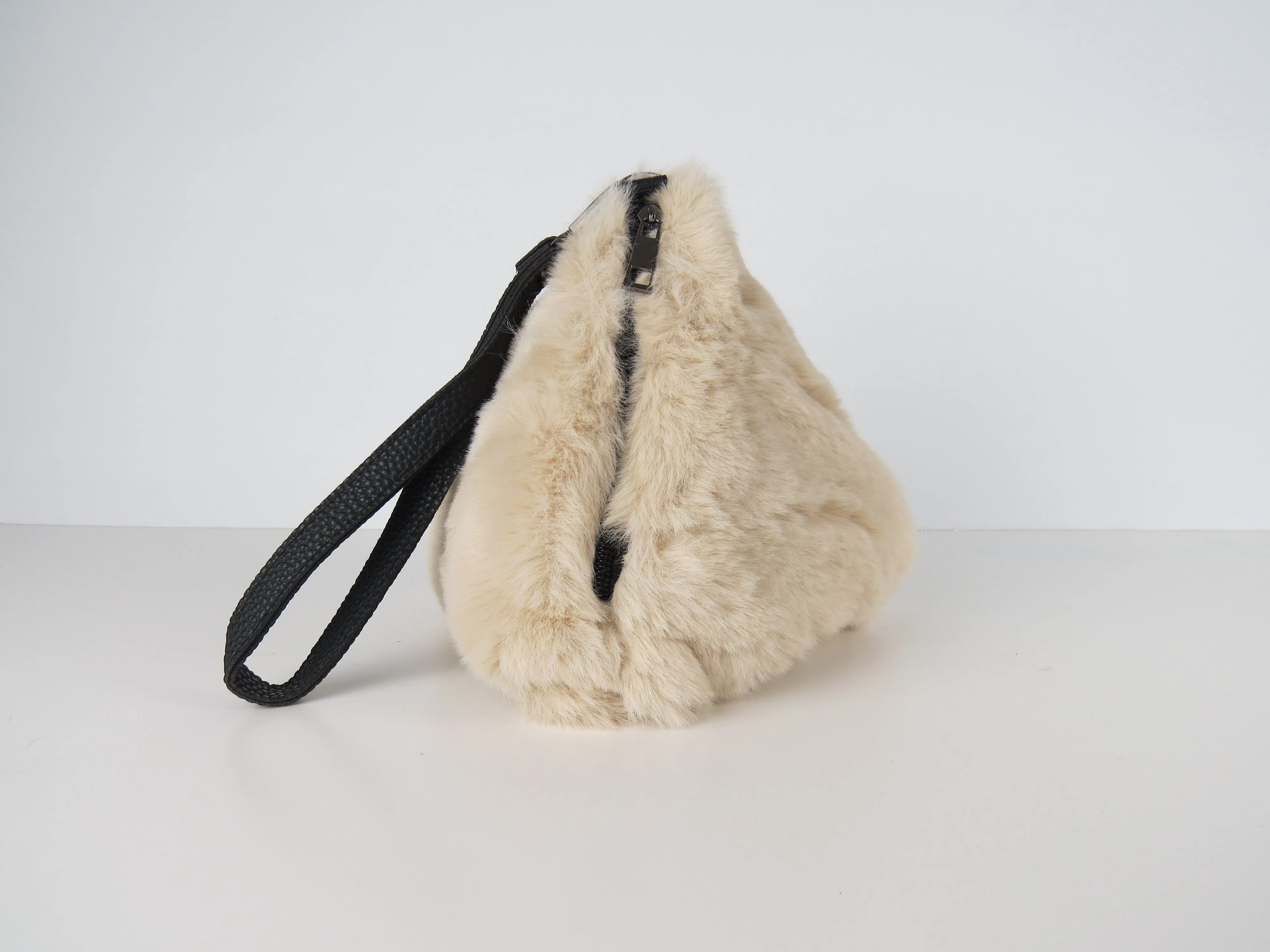 Triangular Beige Faux Fur Bag Soft Fluffy Purse