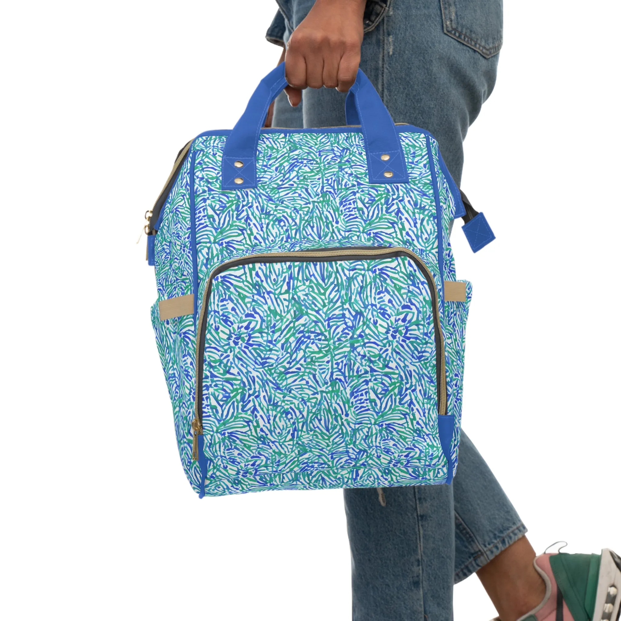 Tropical Fusion: Abstract Palm Leaves in Lime Green and Blue Hues  Multifunctional Diaper Backpack