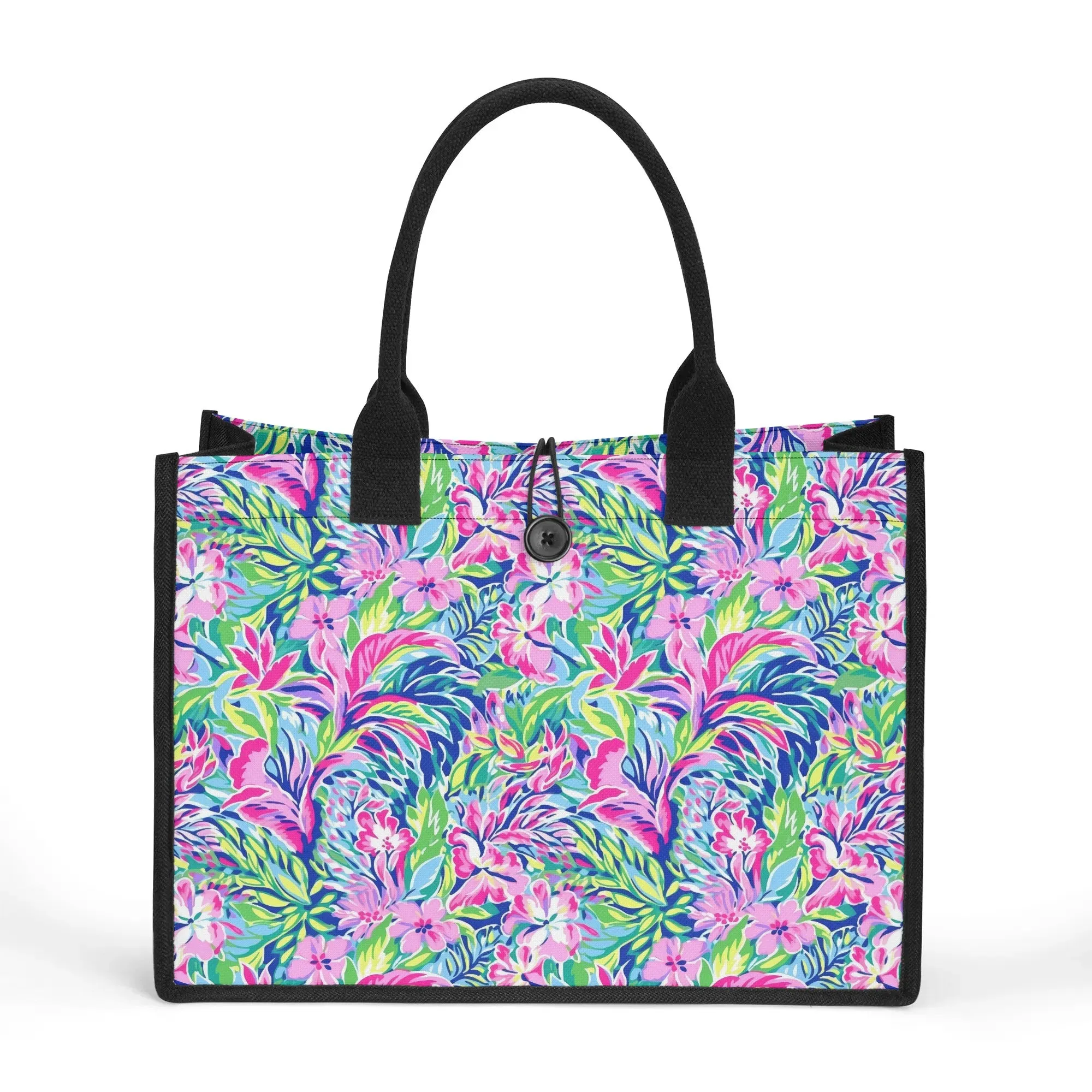 Tropical Serenity: Pink, Green, and Blue Watercolor Floral Delight Structured Button Closure Canvas Tote Bag in 2 Sizes