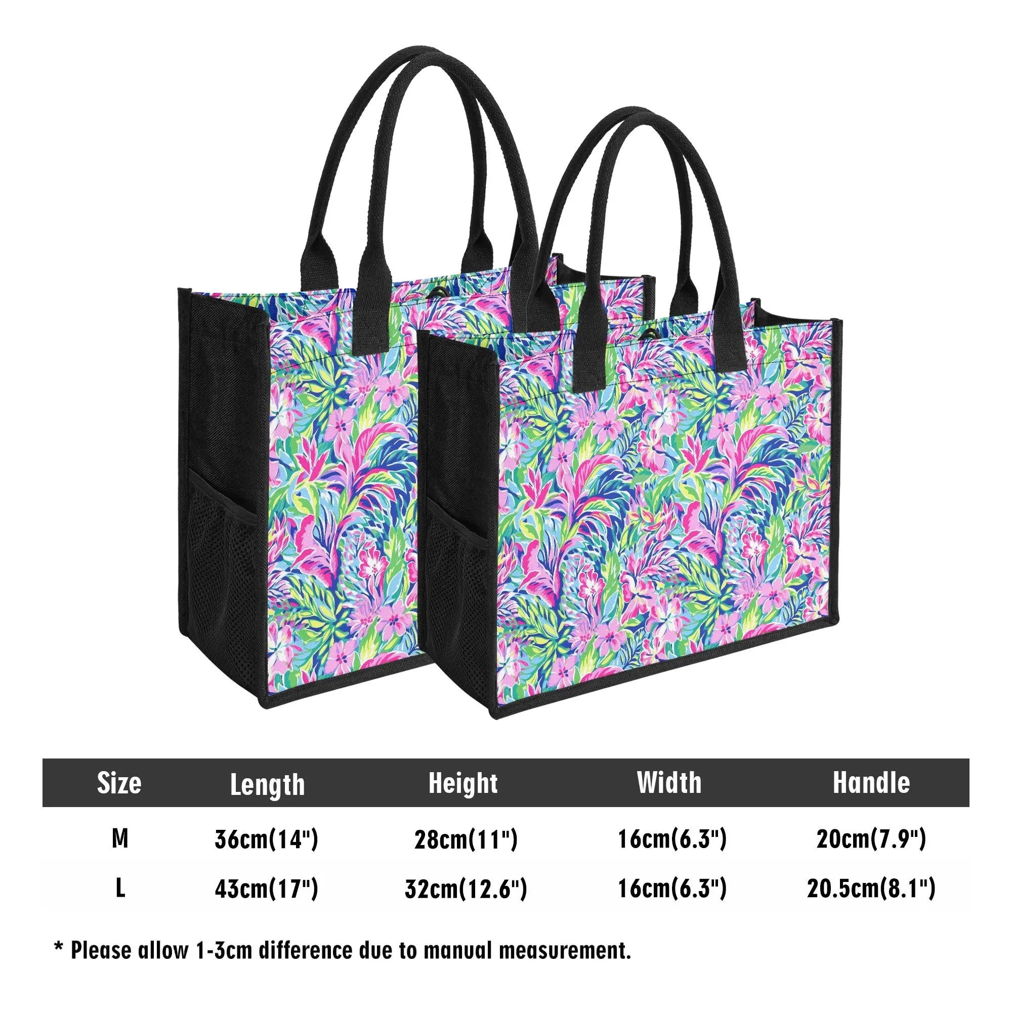 Tropical Serenity: Pink, Green, and Blue Watercolor Floral Delight Structured Button Closure Canvas Tote Bag in 2 Sizes