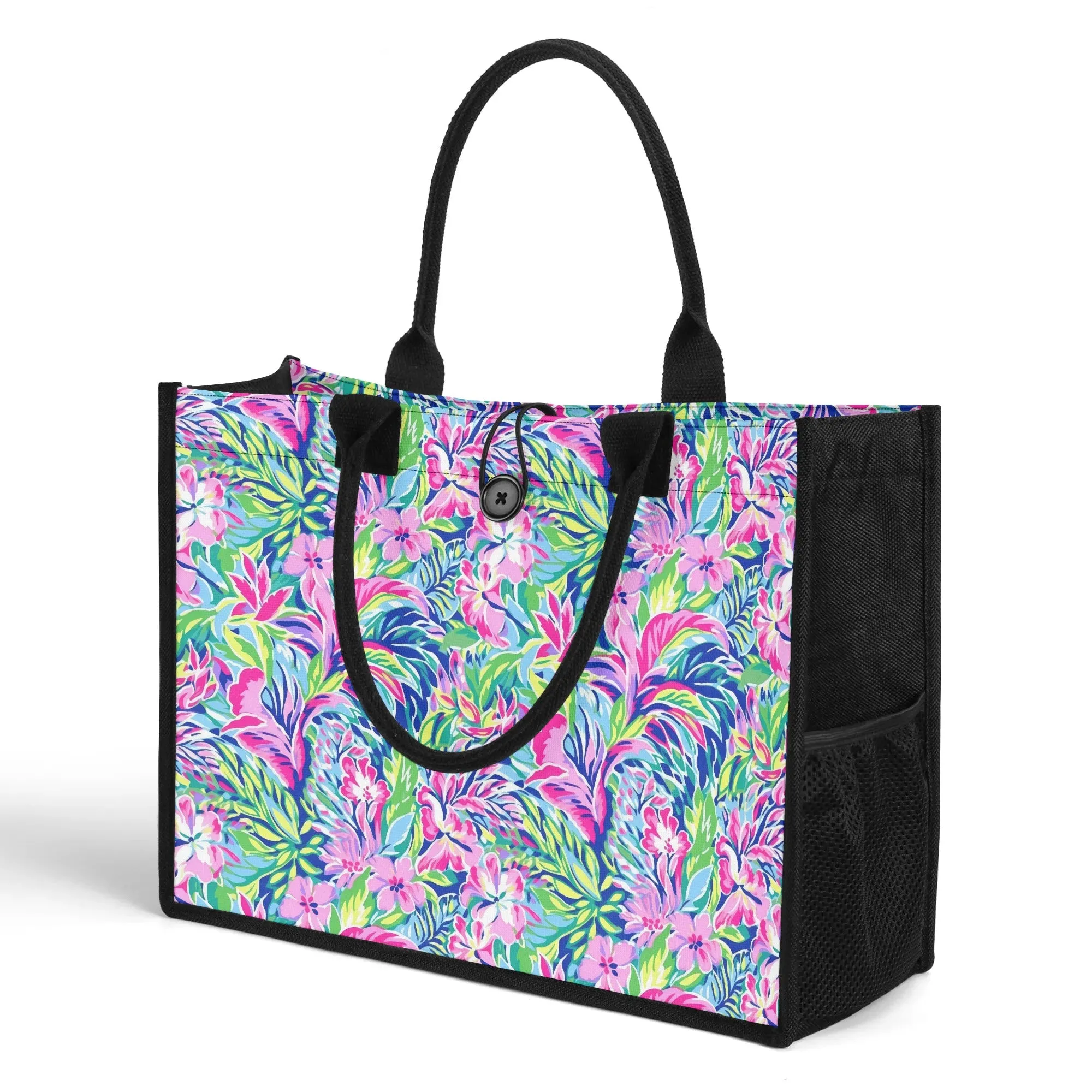 Tropical Serenity: Pink, Green, and Blue Watercolor Floral Delight Structured Button Closure Canvas Tote Bag in 2 Sizes