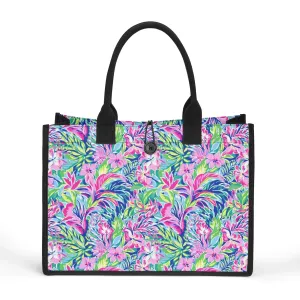 Tropical Serenity: Pink, Green, and Blue Watercolor Floral Delight Structured Button Closure Canvas Tote Bag in 2 Sizes