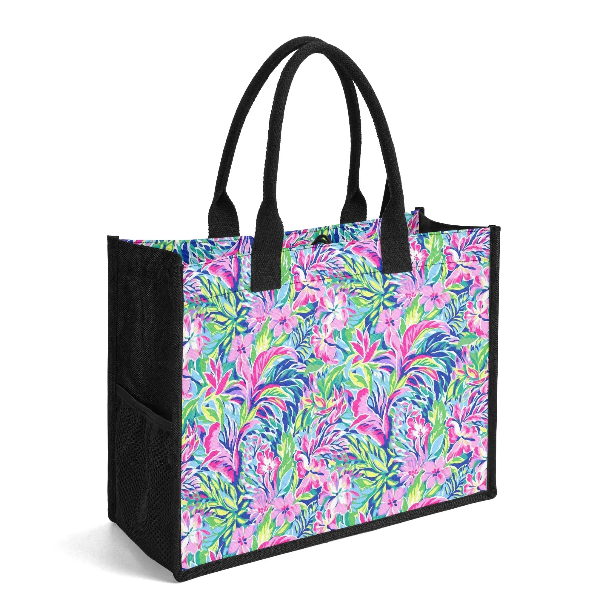 Tropical Serenity: Pink, Green, and Blue Watercolor Floral Delight Structured Button Closure Canvas Tote Bag in 2 Sizes