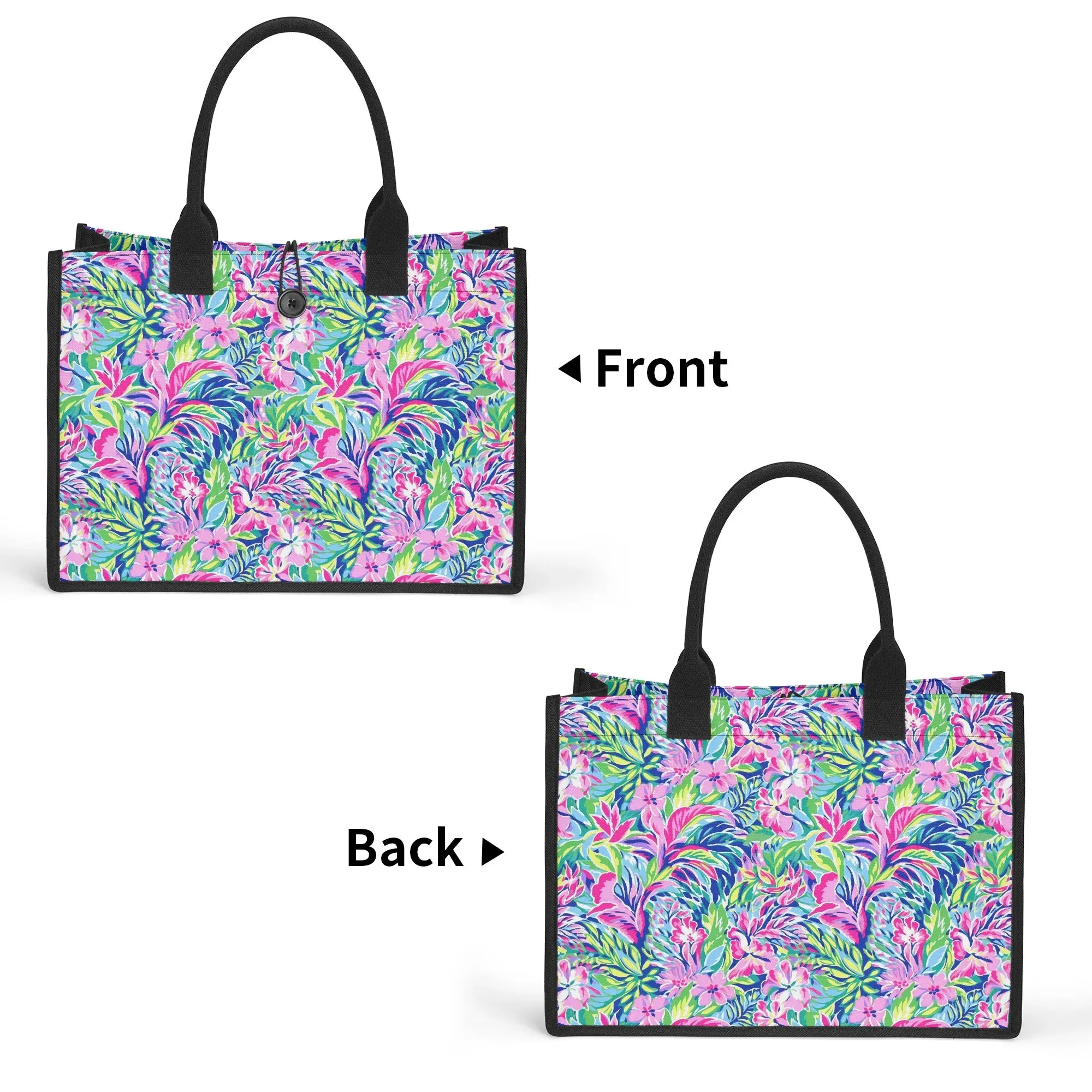 Tropical Serenity: Pink, Green, and Blue Watercolor Floral Delight Structured Button Closure Canvas Tote Bag in 2 Sizes