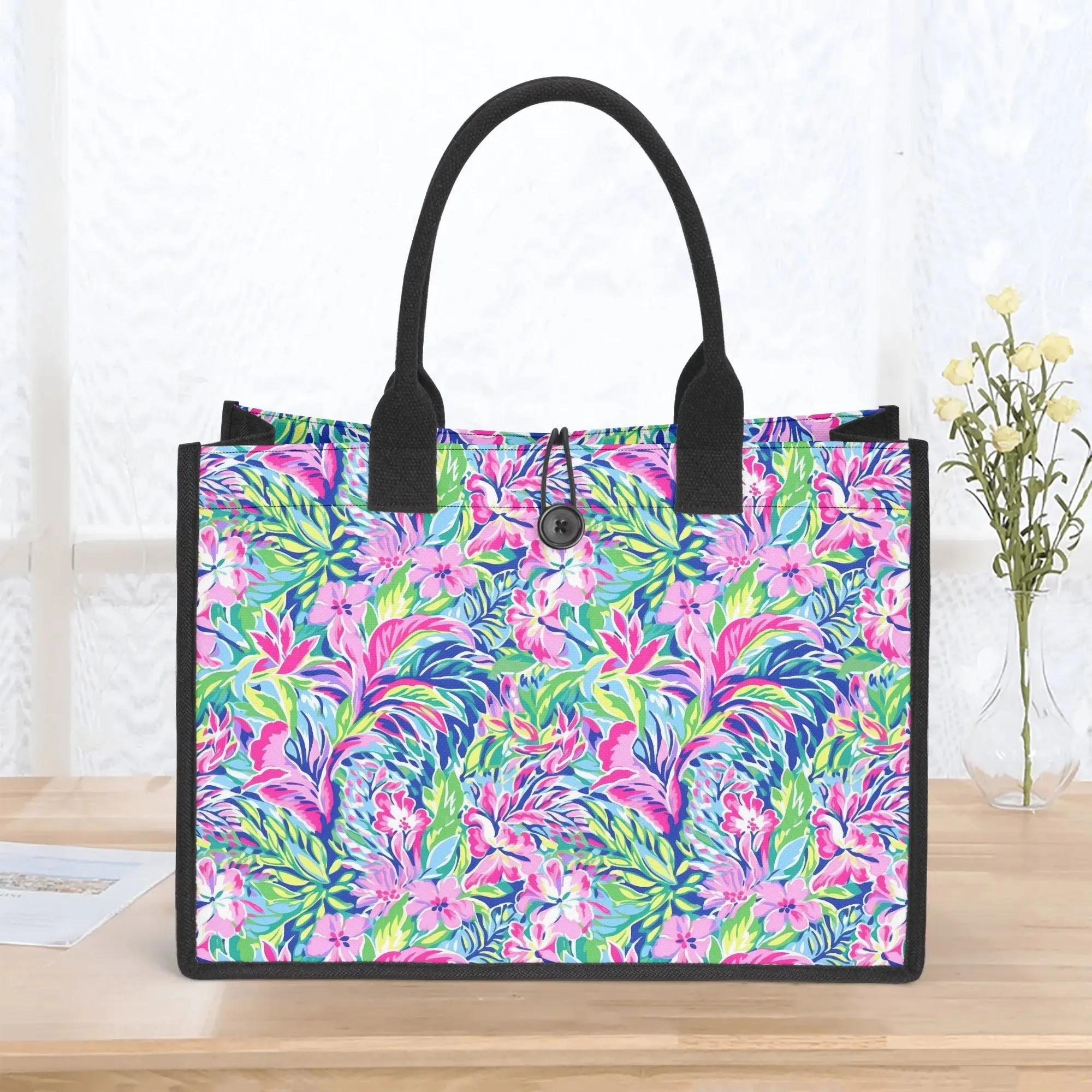 Tropical Serenity: Pink, Green, and Blue Watercolor Floral Delight Structured Button Closure Canvas Tote Bag in 2 Sizes