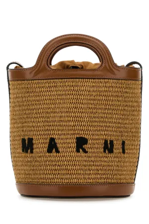 Two-tone leather and raffia Tropicalia bucket bag
